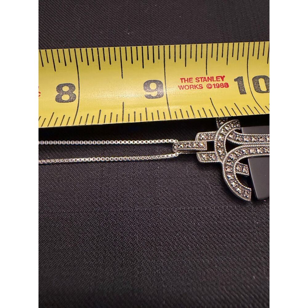 Art Deco Vintage 925 Sterling Silver 1.75x1.25” Onyx and Marcasite 18” Necklace - Picture 10 of 14